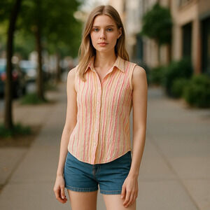 Unique Spectrum VTG Butter yellow & pink striped sleeveless shirt Size Medium